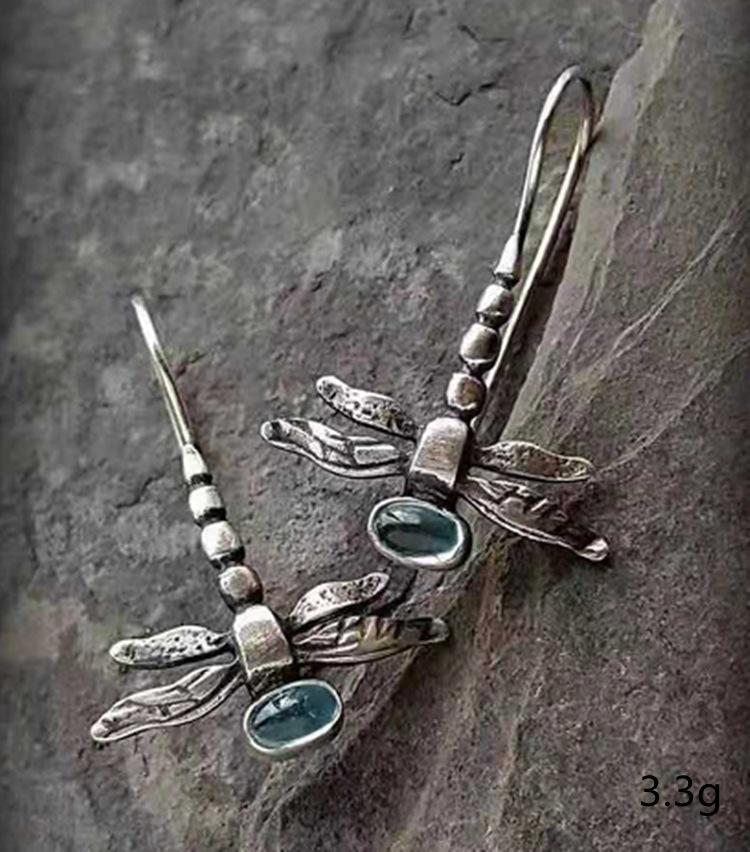Retro Silver Color Women's Dragonfly Earrings Inlaid with Blue Stones Dangle Earrings for Women Party Engagement Fashion Jewelry