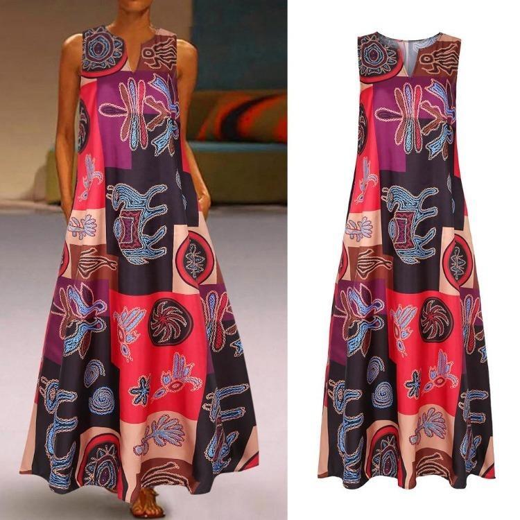 Plus Size Women Bohemian Vintage Floral Print Sleeveless Maxi Dress Casual Daily Wear V Neck