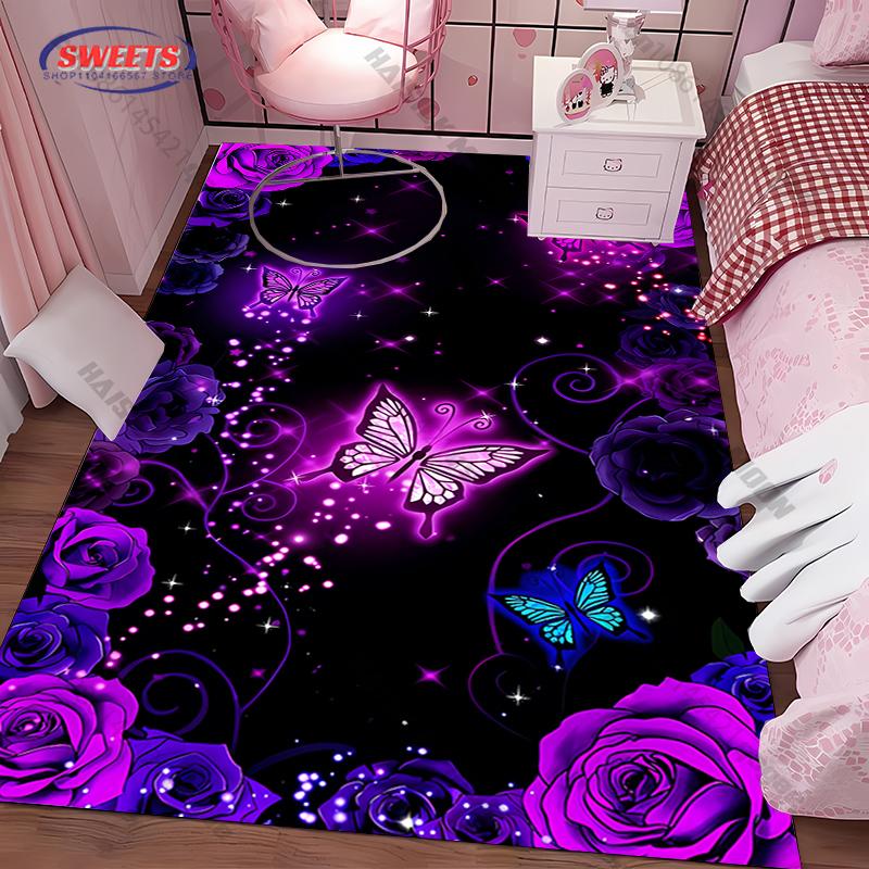 

1PC Purple Butterfly Flower Print Carpet Living Rooms Bedroom, Office Areas Rug, Durable Machine Washable Mat with Fast Shipping 40x60cm