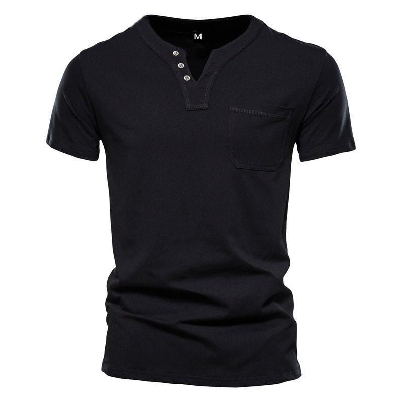 Men's V-neck Short-sleeved T-shirt Youth Casual Slim Sports Henley Solid Color Top