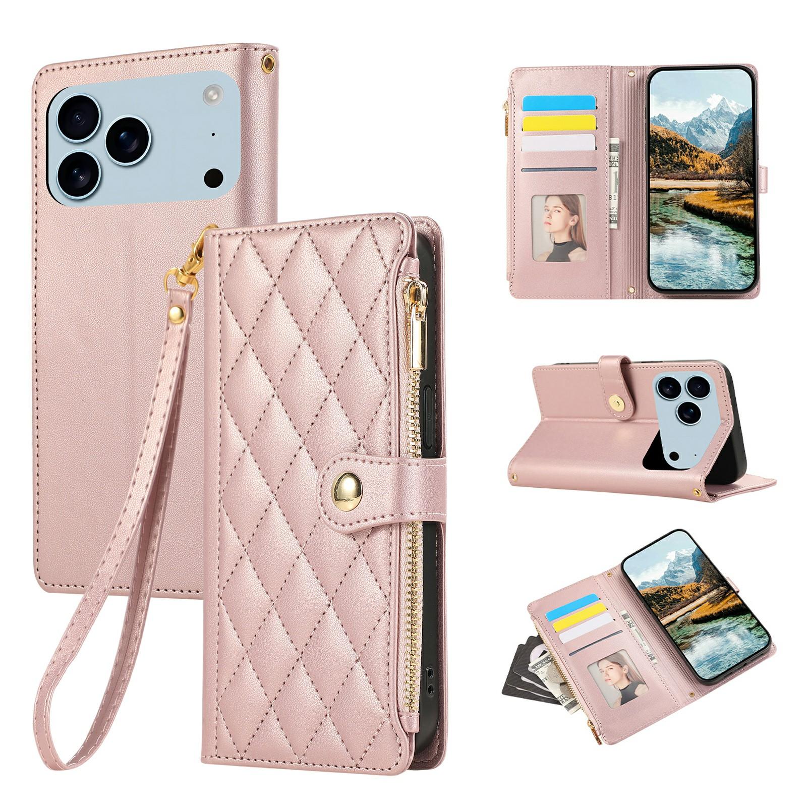 

For iPhone 17 Pro Max Case Multi Card Slots Zipper Rhombus Leather Phone Cover with Wrist Strap Rose Gold