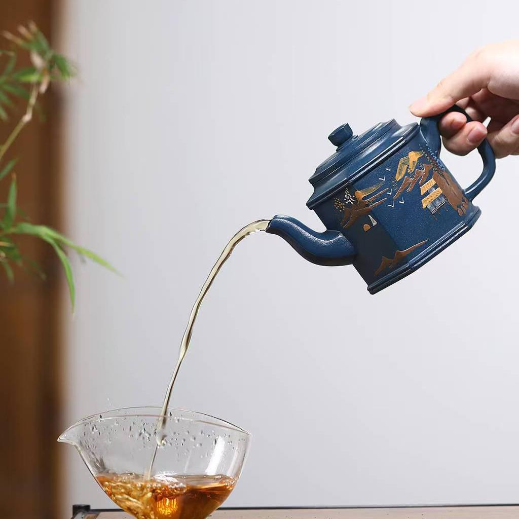 Authentic Yixing Zisha Palace Lantern Teapot: Aged Sky Blue Clay, Green Mountain Setting, High-End Tea Set