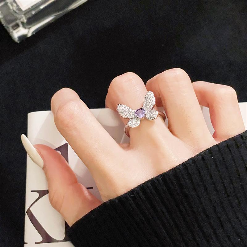 Advanced Sense Oil Drop Butterfly Series Open Ring Full Of Diamonds Zir*****Il Drop Light Luxury Stacked Index Finger Ring