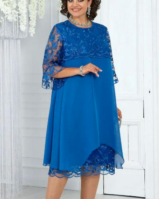 European & American Women's Embroidered Patchwork Round Neck Five-Point Sleeve Casual Dress