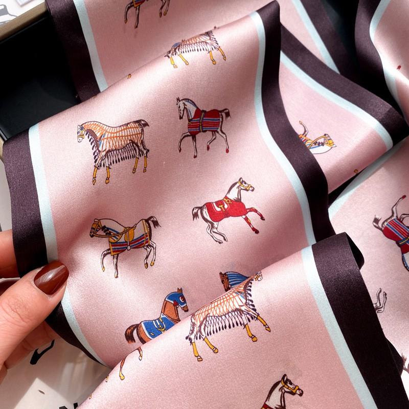 Womens Pink Silk Scarf Long Satin Shirt Horse Print Hair Band