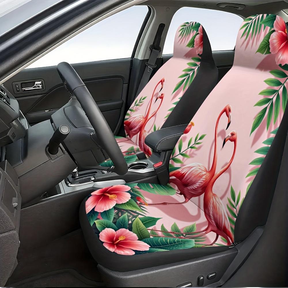 2 Stück Rosa Flamingo Tropische Blumen Autositzbezüge - Weiche Ganzjahres-Passform für die meisten Limousinen & SUVs, Lebendiges Rosa & Grünes Design Wi