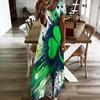 Women Plus Size V Neck Short Sleeve Clover Printed Dark Green Long Straight Dress