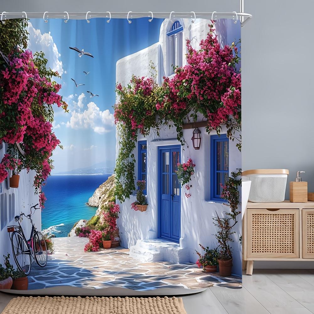 Mediterranean Seaside Cottage Shower Curtain, Waterproof And Mildew-Resistant For Vibrant And Scenic Bathroom Decor
