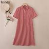 ZANZEA Women Turn Down Collar Casual Short Sleeve Grid Print Dress