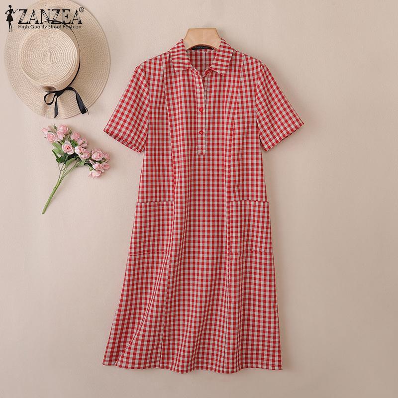 ZANZEA Women Turn Down Collar Casual Short Sleeve Grid Print Dress