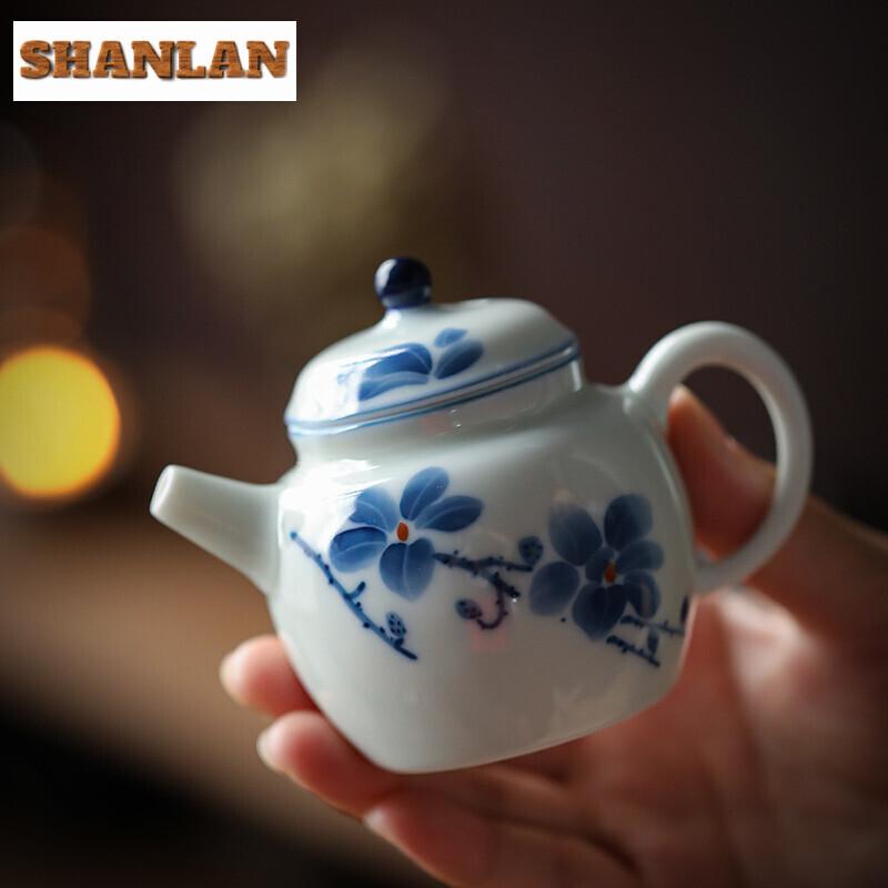 90ml Hand-painted Blue Magnolia Teapot Household Small Size Teapot Retro Pot Tea Brewing Kettle Tea Services Supplies Collection