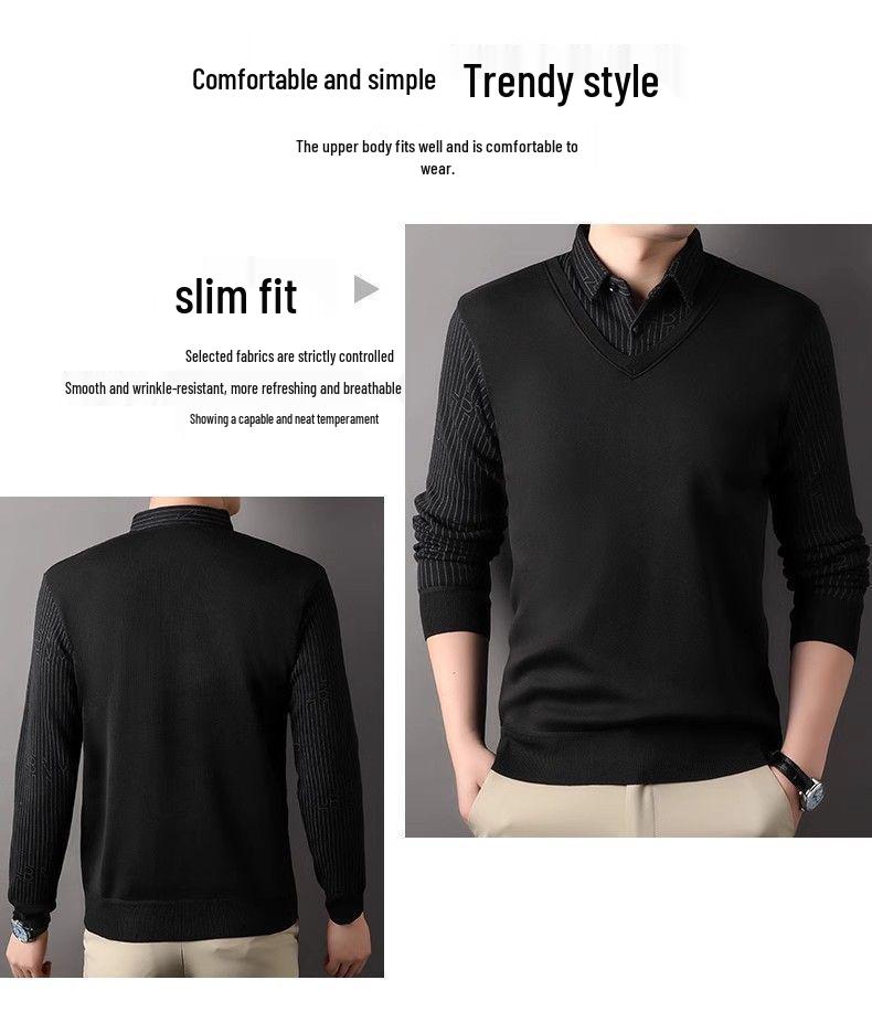 Men's Faux Two-Piece Lapel Knit Sweater - Thermal Velvet Base Layer for Autumn/Winter