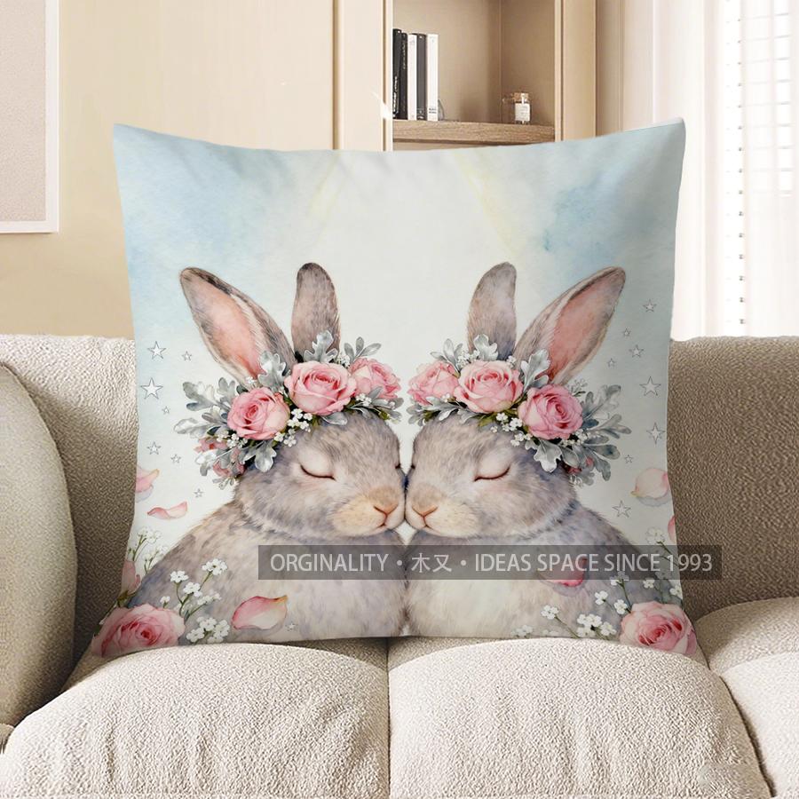 2D Две Спящие Крольчихи с Цветочными Венками Узор Наволочка Подходит для Дивана Спальни Автомобиля 40x40cm