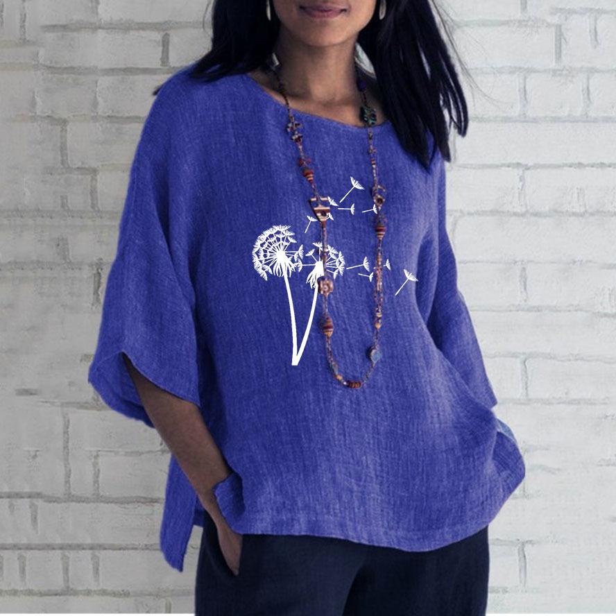 Personalized Dandelion Printed Seven Sleeve Round Neck Sheep Linen Shirt Women's Tops Plus Size