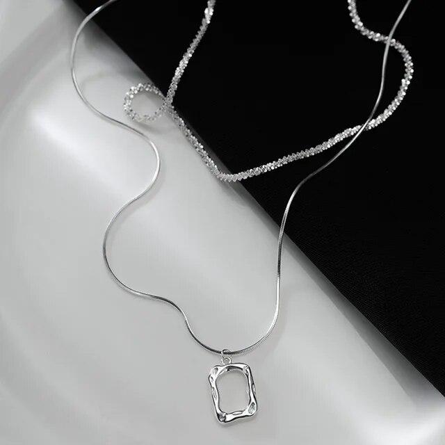 ANENJERY Square Double Layer Lava Picture Frame Stacked Necklace for Women Delicate Clavicle Chain Engagement Jewelry Gifts