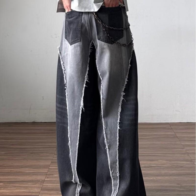 Mens Vintage Distressed Wide Leg Straight Cut Denim Jeans Black Grey Cotton Relaxed Fit Casual Pants