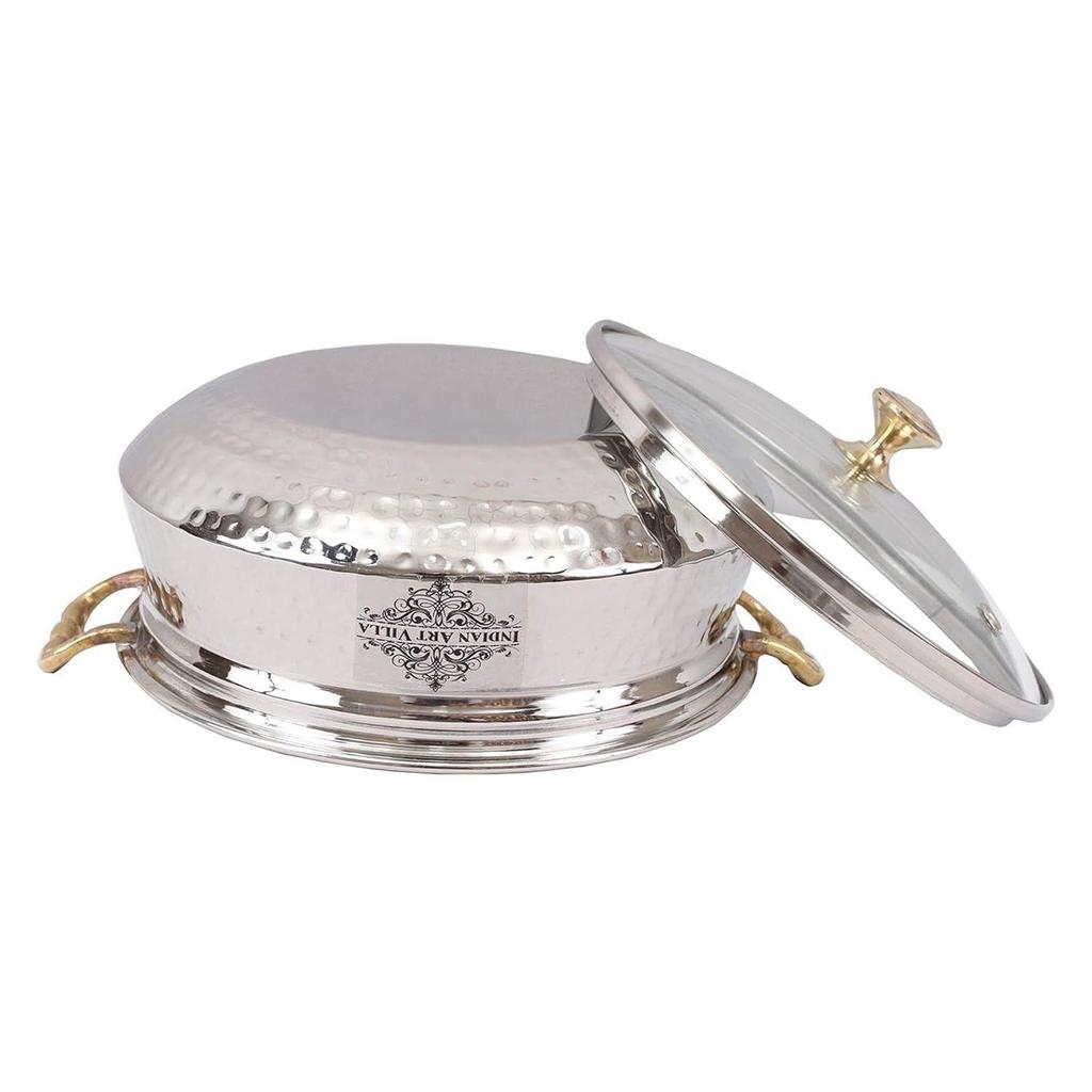 Stainless Steel Hammered Design Handi/Bowl/Casserole with Toughened Glass Lid & Brass Knob & Handles, Volume-400 ml, 1 Piece