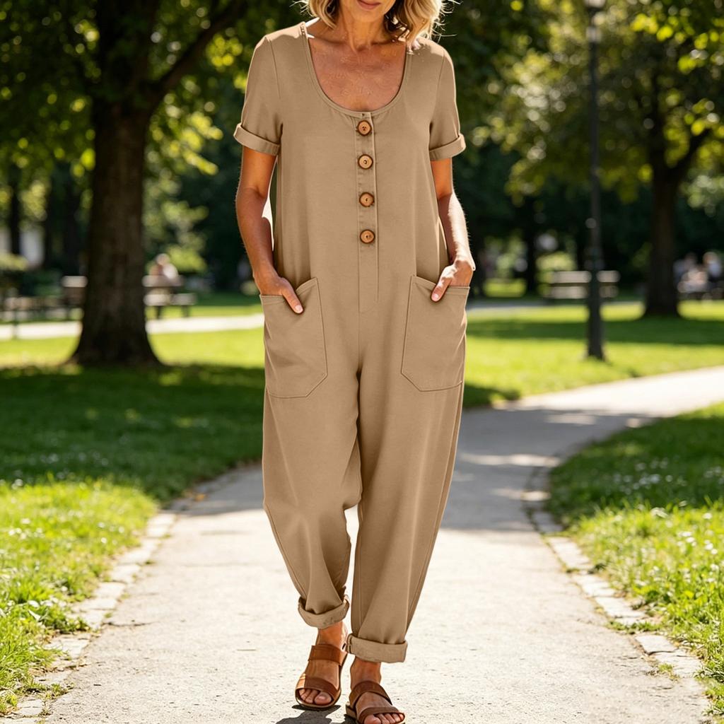 Women's Color Casual Short Sleeved Loose Pocket Overalls Long Jumpsuit