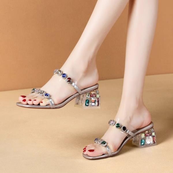 Fashion Shoes Women Female Slippers Glitter Slides Square Heel Fashion Soft 2025 Genuine Leather Jelly Block Luxury Summer Crystal