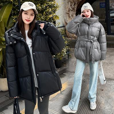 Solid-colored, Comfortable, Simple, Glossy Hooded, Waist-tied Warm Cotton-padded Clothing for Women