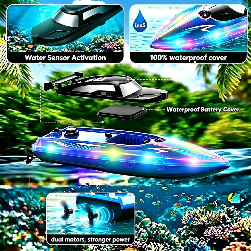 RC Boat 2.4GHz High Speed Remote Control Boat with LED Lights, Waterproof Dual Motor Speedboat for Kids Adults Pool Lake Toys