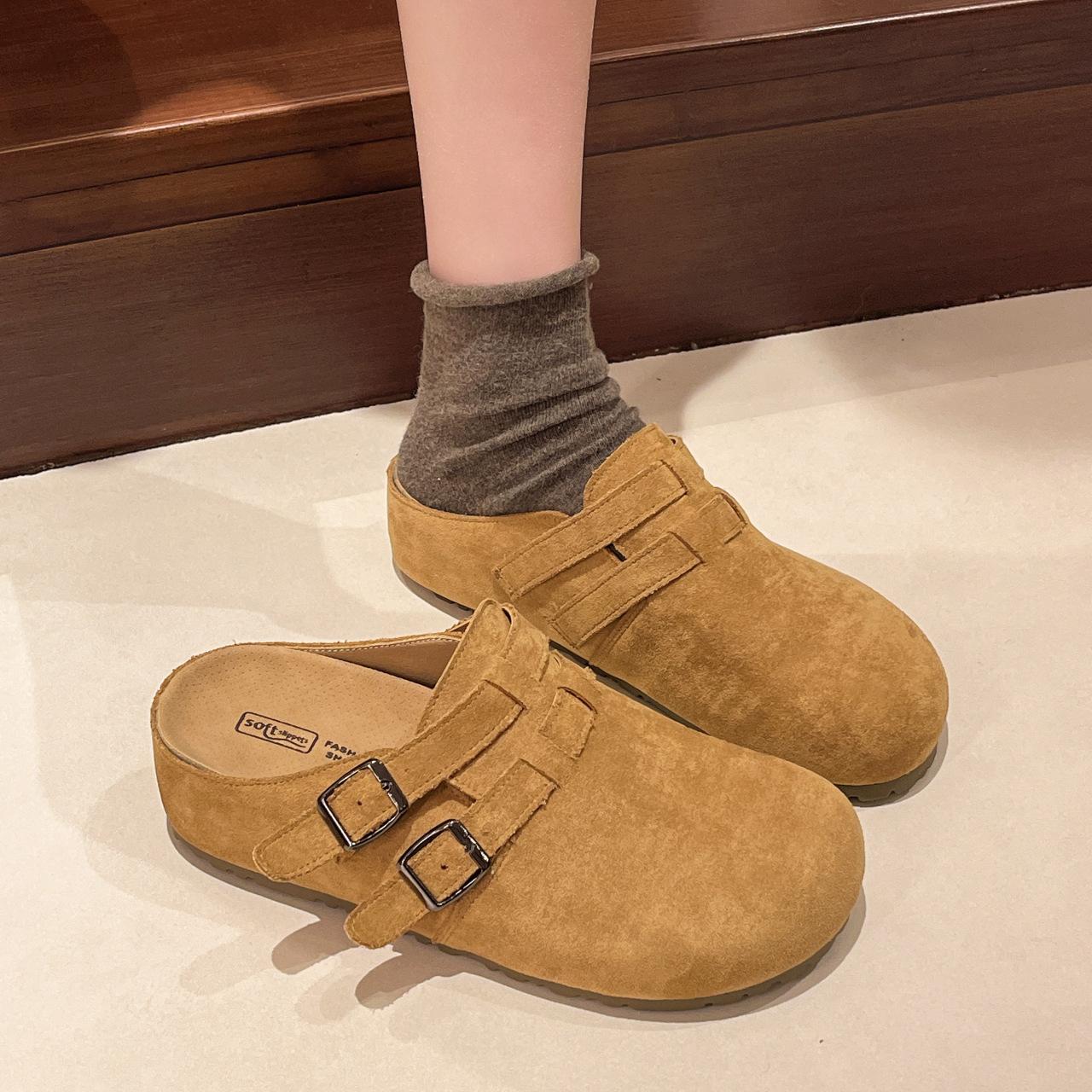 

Стильные, простые и приподнятые, двухвариантные тапочки-слипоны с круглым носком на толстой подошве для улицы, полуботинки для работы 35 коричневый