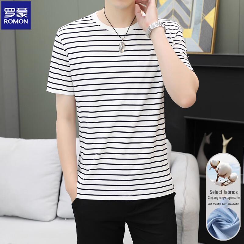 ROMON Men's Cotton Blend Striped Round Neck Short Sleeve T-Shirt