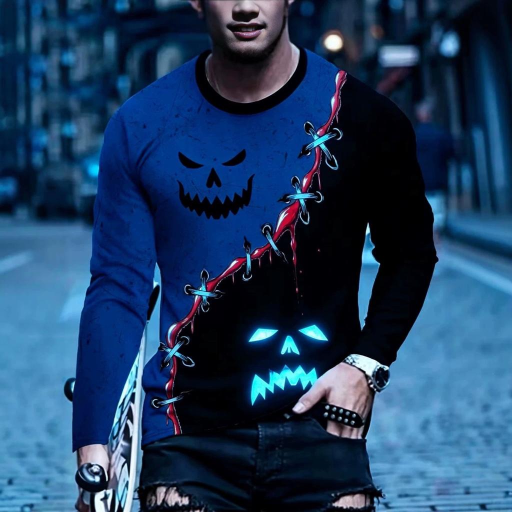 Autumn and Winter Men's 3D Printed Crew Neck Long Sleeve T-Shirt