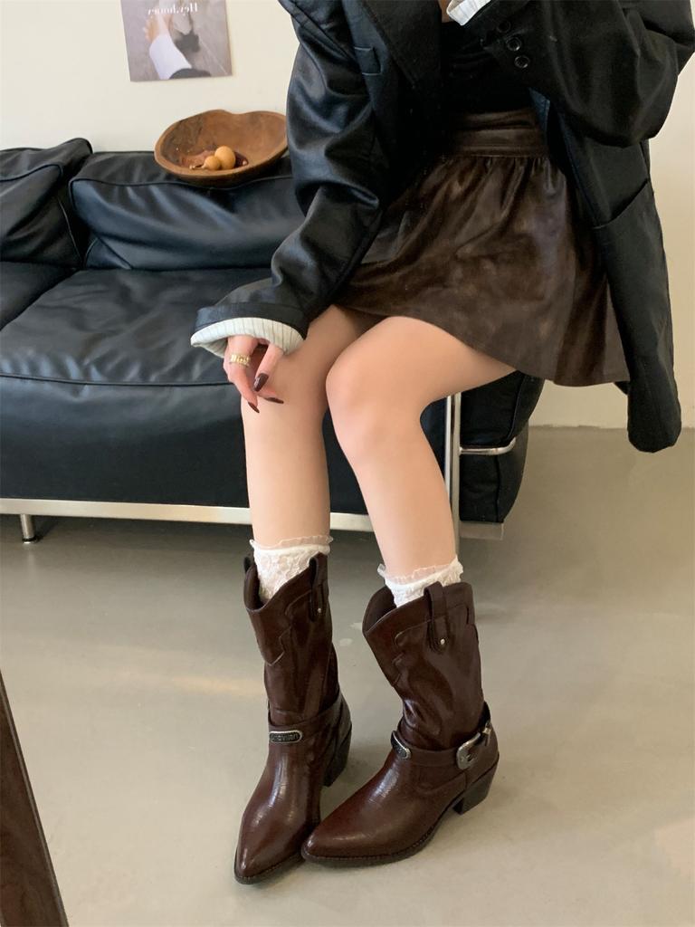 Retro belt buckle medium tube knight boots women's 2025 autumn and winter new square head thick heel thin western cowboy boots