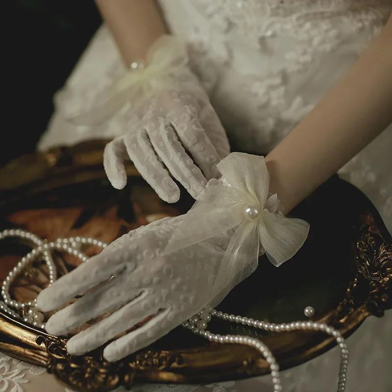 Women Wedding Bridal Short Gloves Net Full Finger See Through Beaded Bow Wrist Length Costume Prom Party Gloves