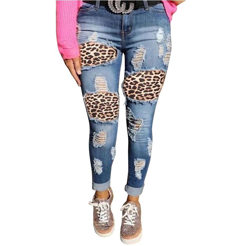 Ripped Pant Women's Jeans Personalized Leopard Patches Printed High Waisted Trousers