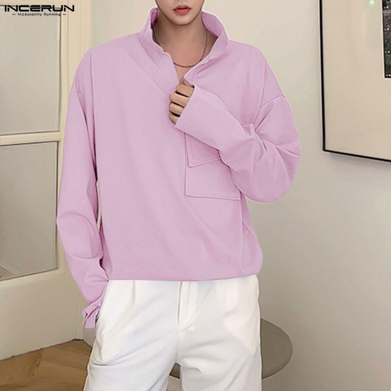 INCERUN Oversized Men Lapel Neck Long Sleeve Solid Loose Casual T-Shirts Tops