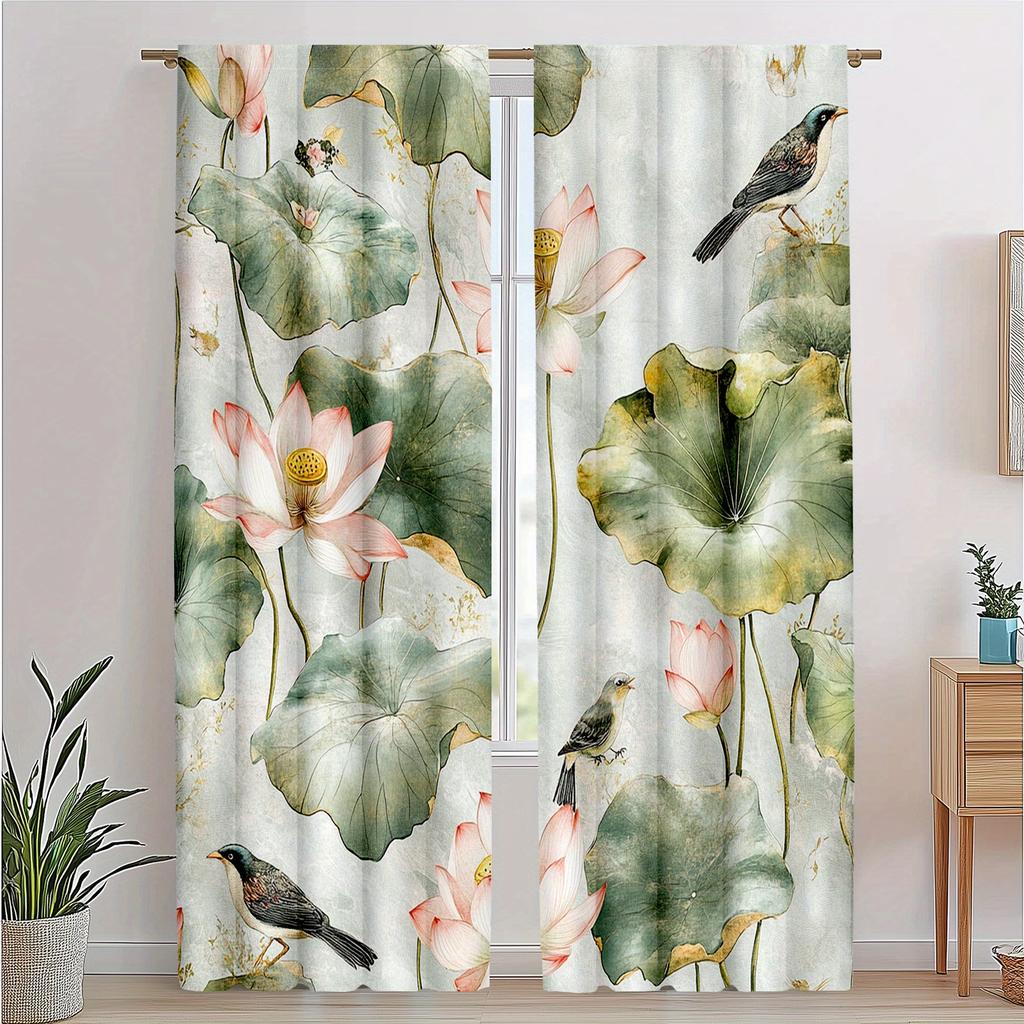 2pcs Elegant Watercolor for Lotus & Bird Print Curtains - Retro Japanese Style, Semi-Transparent Polyester Drapes for Bedroom &