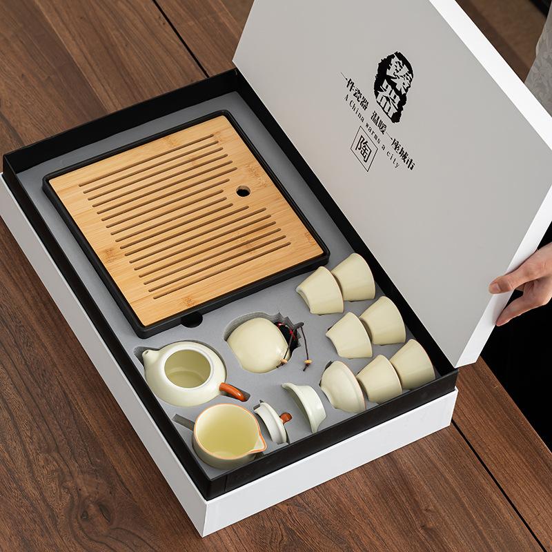 Premium retro home simple Ru kiln rectangular tea tray set