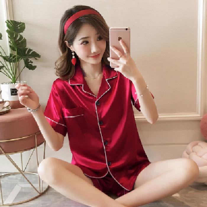 Solid color ice silk pajamas women's long-sleeved cardigan simulation silk spring summer loungewear women's autumn suit breathable