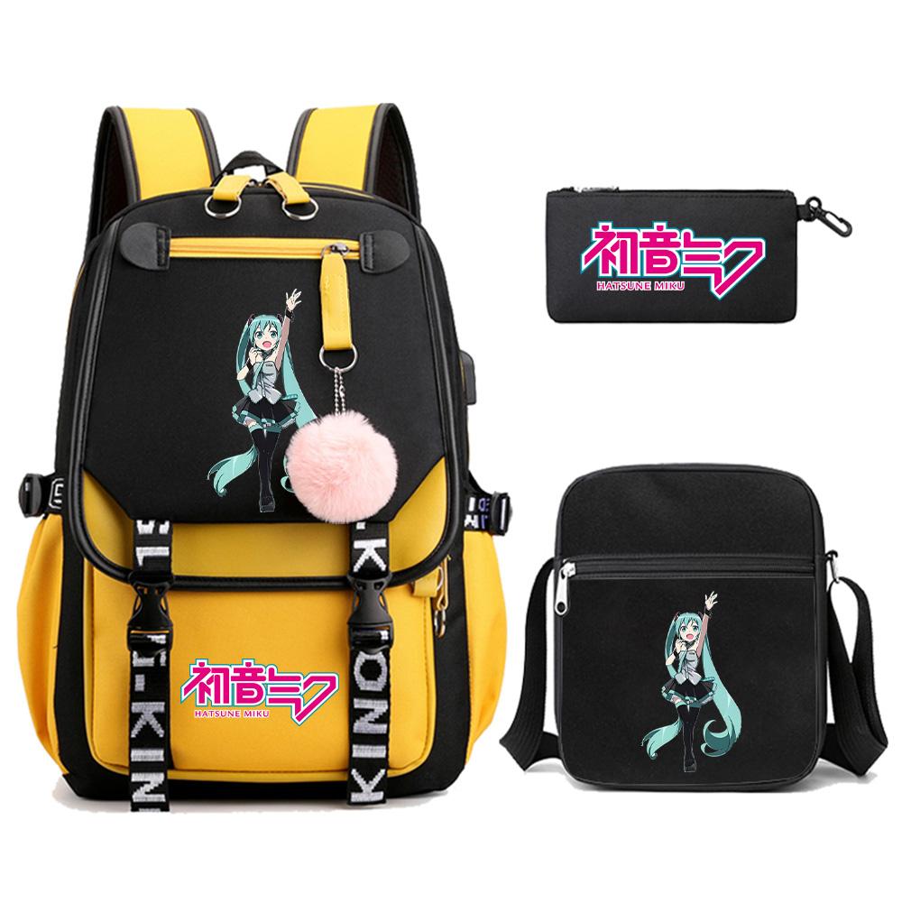 3ks/sada Anime Kreslený Batoh s Potiskem Hatsune Miku s Taškou přes Rameno pro Teenagera Studenta Dívku Chlapce Velkokapacitní Voděodolný Školní Batoh Mochila