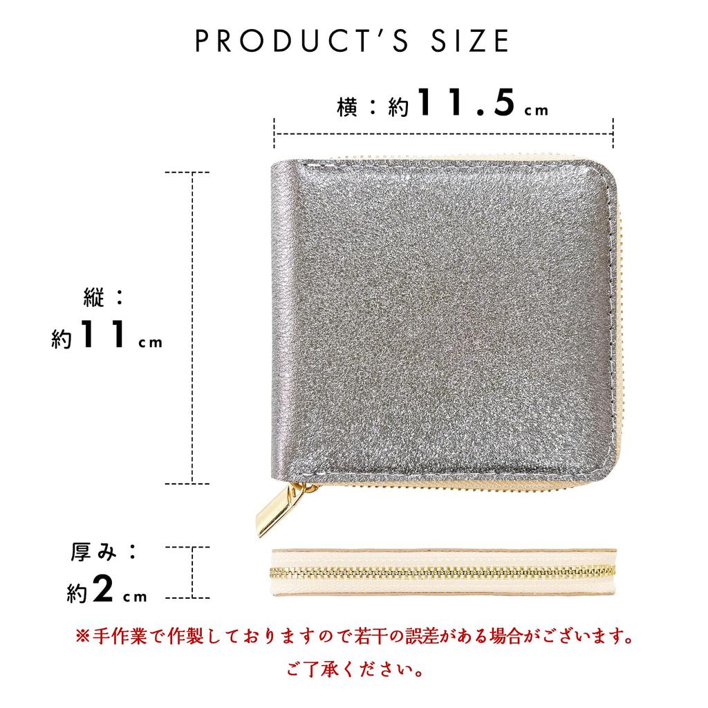 Chrome-tanned Italian cowhide leather wallet, round bifold wallet with zipper closure, compact design, glitter gray finish.
