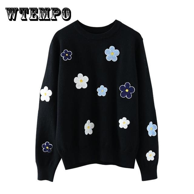 

Корейский пуловер с цветочной вышивкой, свитер высокого качества, женские элегантные вязаные топы с круглым вырезом