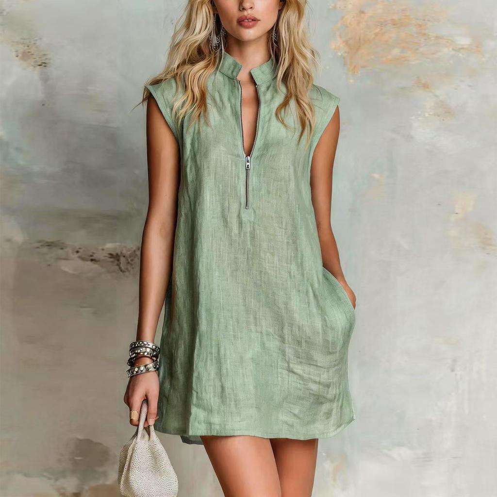 Women Stand Collar Half Zip Sleeveless Loose Fit Casual Vacation Dress Lightweight Relaxed Style