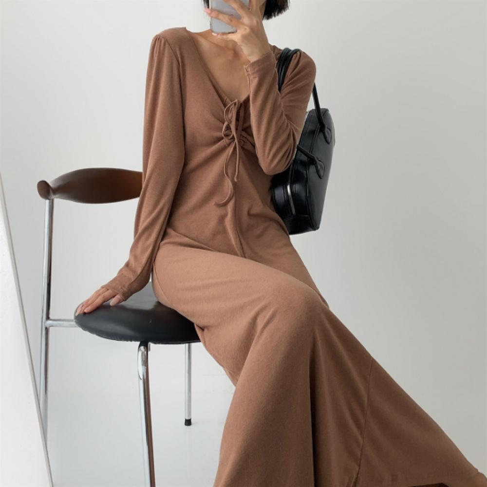 New Arrivals Open RUn Women Slim Fit Shirring U Neck Long Sleeve Dress