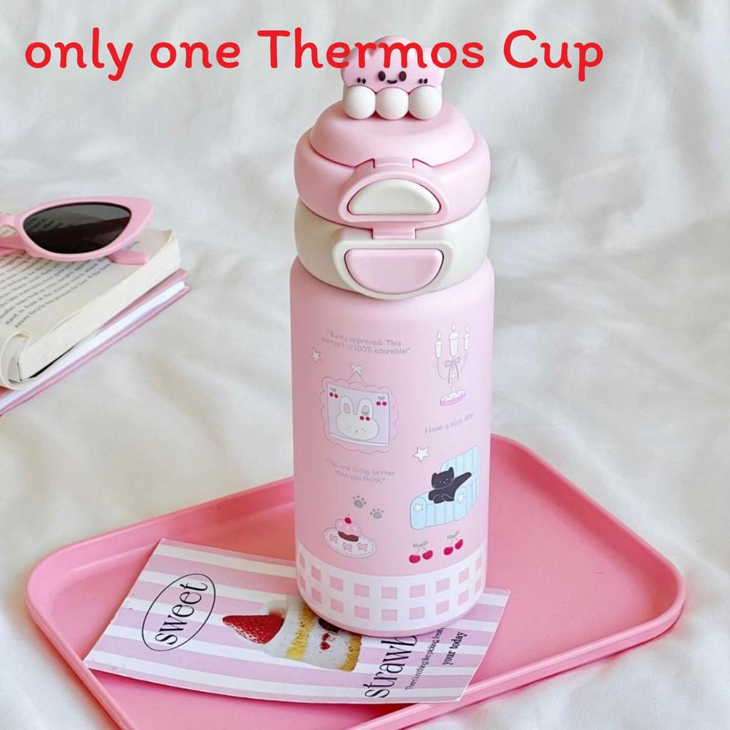 Cute Cartoon Kids Insulated Water Bottle With Double Drinking Straws For School And Travel