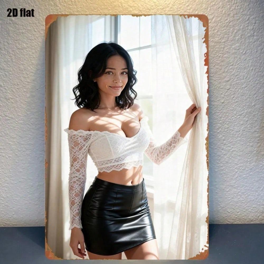Pinup Woman Metal Poster Lace Top Black Skirt 8x12 Inch Wall Art for Bar