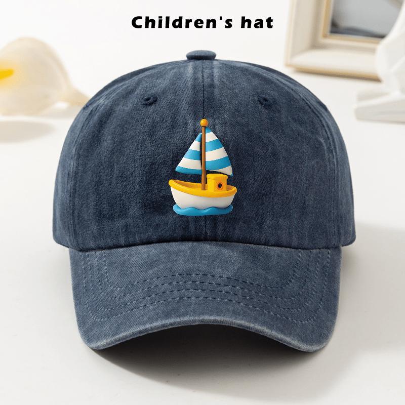 Sailboat Baseball Cap Denim Washed Curved Brim Outdoor Casual Adjustable Hat for Kids One Size