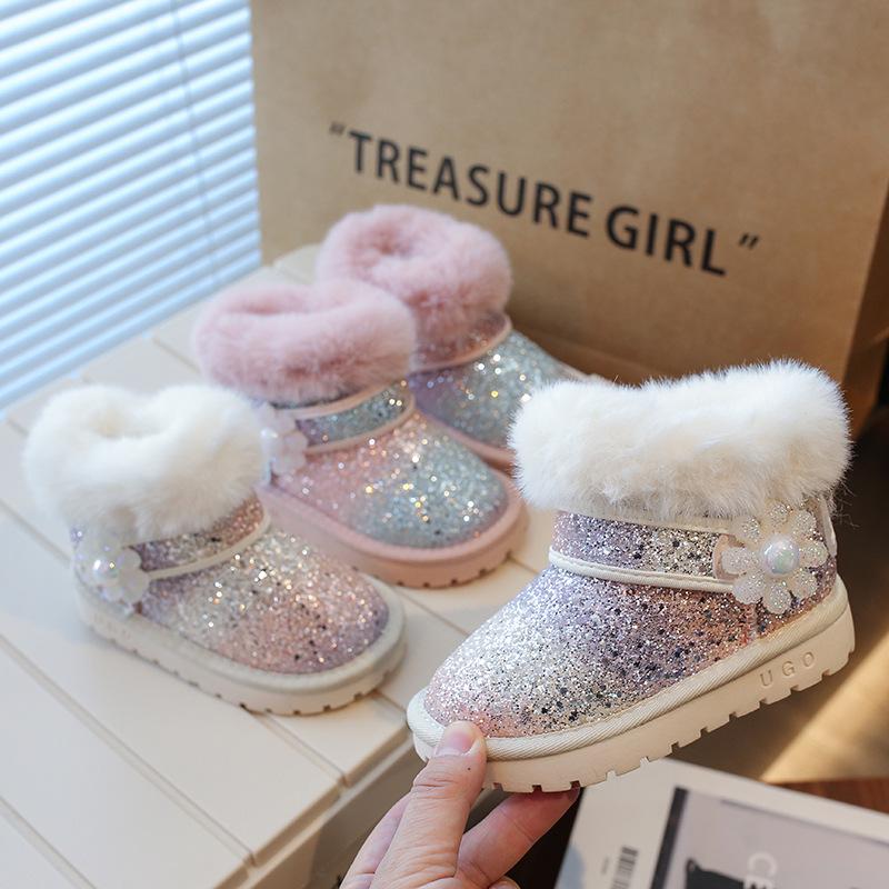 Cizme de zăpadă de iarnă pentru fete 2023: Piele și blană nouă, catifea plusată, model mare din bumbac pentru copii