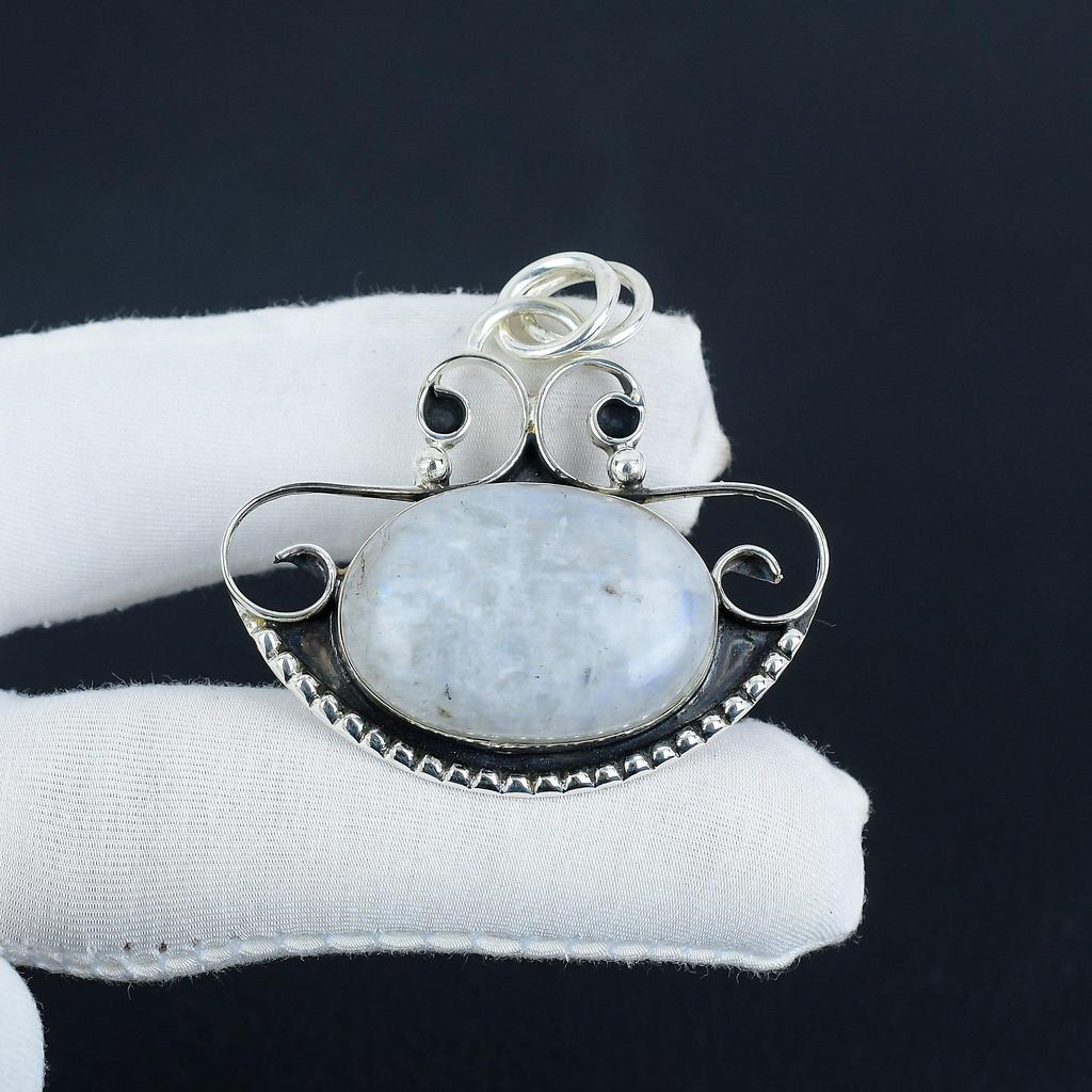 Natural Rainbow Moonstone Silver Pendant In 925 Sterling Silver - Handmade Design, Everyday Wear Jewelry Thanksgiving Gift