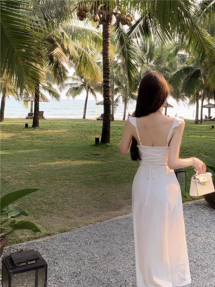 Women s Elegant White Spaghetti Strap Backless Summer Dress 2026 - Long, Beautiful Beach Photo Shoot Fairy Style M