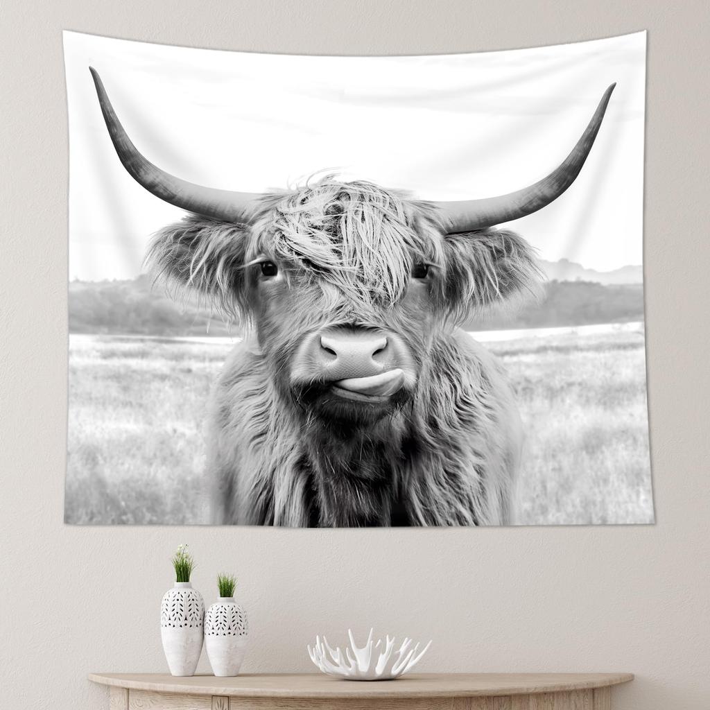 Cute Highland Cattle Close-Up Wall Hanging Tapestry, Grayscale Country Scenery Print Cloth, Unique Aesthetic Decor For Indoor
