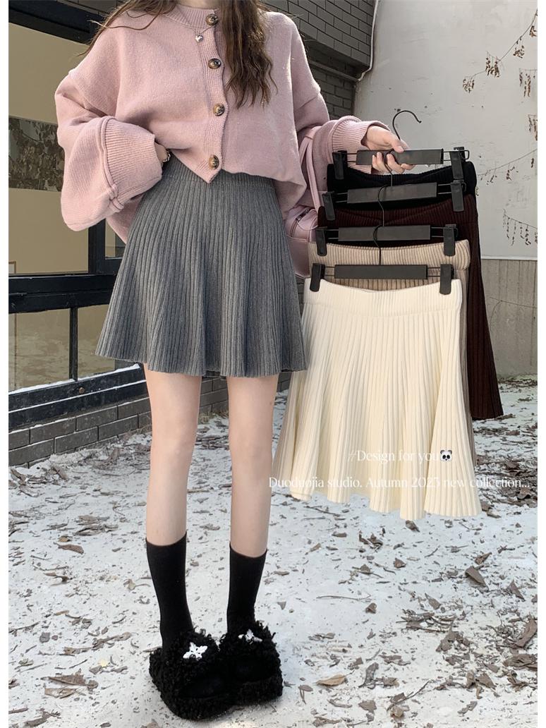 Grey Slimming High-Waisted Knit A-line Skirt - Women s 2025 Retro Korean Style Short Skirt Large