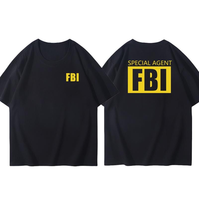 25 Plus Size Cotton Fbi Letter Printed T-shirt Military Style Cotton Jacket Short Sleeved Half Sleeved Casual Round Neck T-shirt