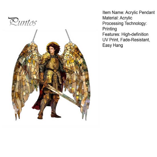 Religious Theme Room Decor Golden Archangel Warrior Acrylic Suncatcher, Faux Stained Glass Window Hanging Wing Armor Gift with Metal Chain,